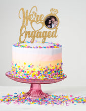 Load image into Gallery viewer, We&#39;re Engaged Custom Photo Cake Topper with Ring and Heart | Engagement Party Decor | Engagement Cake Topper