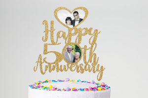 Customizable Anniversary Photo Cake Topper - Any Year Ending in 0 - 2 Photos - Personalized Wedding Cake Decor