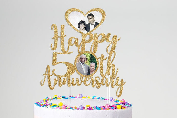 Customizable Anniversary Photo Cake Topper - Any Year Ending in 0 - 2 Photos - Personalized Wedding Cake Decor