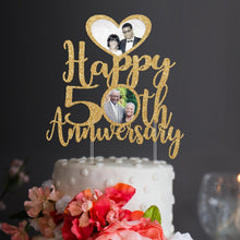 Load image into Gallery viewer, Customizable Anniversary Photo Cake Topper - Any Year Ending in 0 - 2 Photos - Personalized Wedding Cake Decor