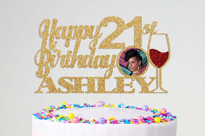 Custom Happy 21st Birthday Photo Cake Topper with Glass of Wine