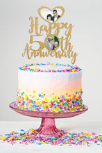 Load image into Gallery viewer, Customizable Anniversary Photo Cake Topper - Any Year Ending in 0 - 2 Photos - Personalized Wedding Cake Decor