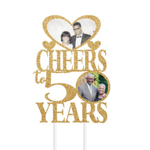 Load image into Gallery viewer, Cheers to Years Anniversary Photo Cake Topper - Personalized for Any Year Ending in 0 - Custom Wedding Cake Decor